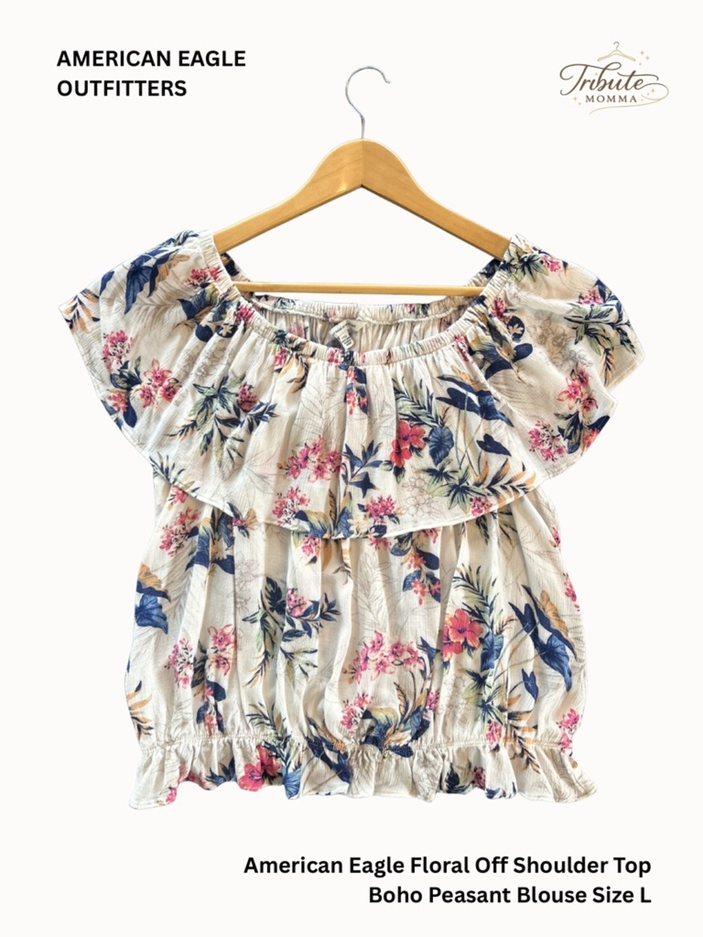 American Eagle Floral Off Shoulder Top Boho Peasant Blouse Size L